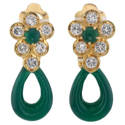 Pre-owned Van Cleef & Arpels Green Onyx Diamond Yellow Gold Flower Drop Earrings