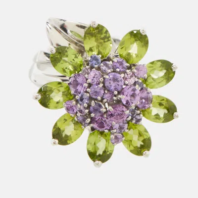 Pre-owned Van Cleef & Arpels Hawaii Amethyst Peridot 18k White Gold Cocktail Ring Size 50