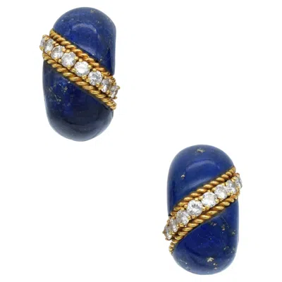 Pre-owned Van Cleef & Arpels Lapis & Diamond "bombe" Clip On Earrings In Multi