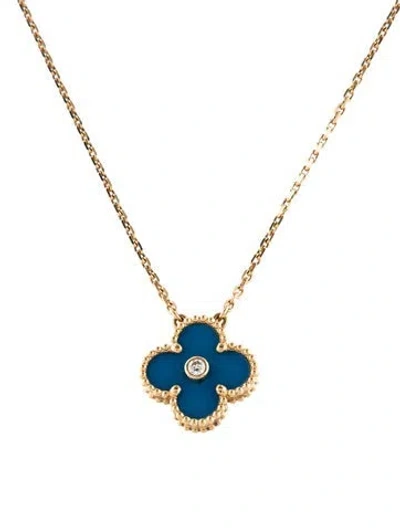 Pre-owned Van Cleef & Arpels Limited Edition 2019 Holiday Vintage Alhambra Pendant Necklace, 16" In Blue