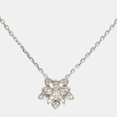 Pre-owned Van Cleef & Arpels Lotus Diamond 18k White Gold Openwork Mini Model Pendant Necklace In Silver