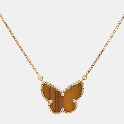 Pre-owned Van Cleef & Arpels Lucky Alhambra Tiger's Eye 18k Yellow Gold Necklace