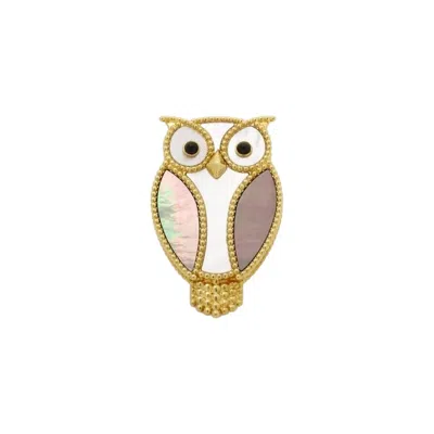 Pre-owned Van Cleef & Arpels Lucky Animals Owl White & Gray Pearl 18k Gold Pin Brooch