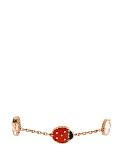 Pre-owned Van Cleef & Arpels Lucky Spring 5 Motifs 18k Rose Gold And Mother Of Pearl With Onyx And Carnelian Bracelet In Pink