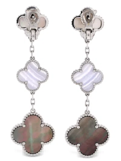 Pre-owned Van Cleef & Arpels Magic Alhambra 3 Motifs 18k White Gold With Mother Of Pearl And Chalcedony Earrings In Silver