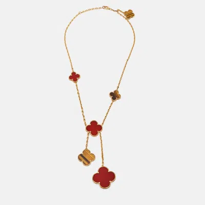 Pre-owned Van Cleef & Arpels Magic Alhambra Carnelian Tiger's Eye 18k Yellow Gold Necklace
