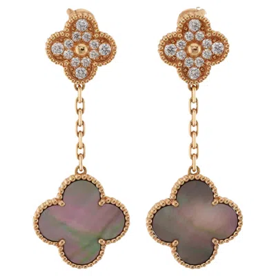 Pre-owned Van Cleef & Arpels Magic Alhambra Diamond Mother-of-pearl Rose Gold Earrings In Red