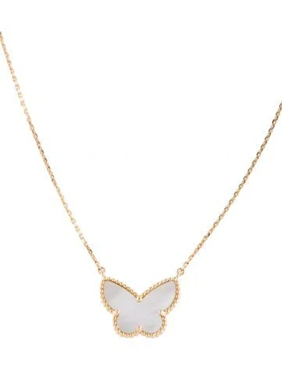 Pre-owned Van Cleef & Arpels Mother Of Pearl Lucky Alhambra Butterfly Pendant, 16.5" In White