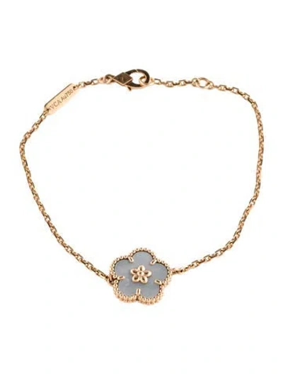 Pre-owned Van Cleef & Arpels Mother Of Pearl Lucky Spring Bracelet, Plum Blossom, 6.5" In White