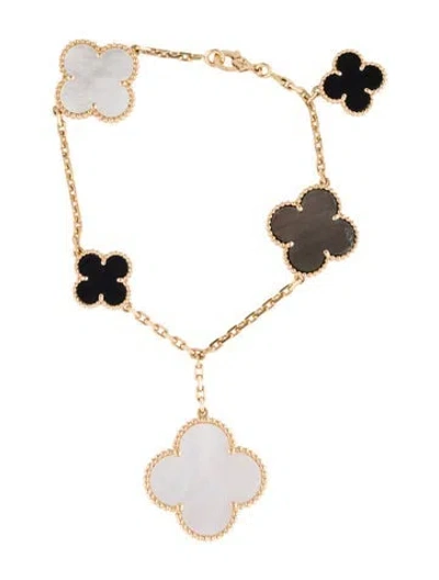 Pre-owned Van Cleef & Arpels Mother Of Pearl Magic Alhambra 5 Motif Bracelet, 7.25" In Brown/white
