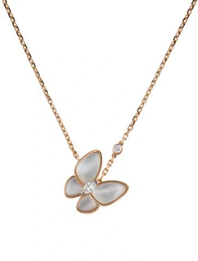 Pre-owned Van Cleef & Arpels Mother Of Pearl Two Butterfly Pendant Necklace, 16.5" In White