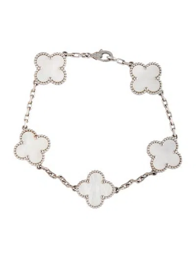 Pre-owned Van Cleef & Arpels Mother Of Pearl Vintage Alhambra Bracelet, 5 Motifs, 6.25" In White