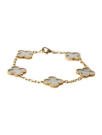 Pre-owned Van Cleef & Arpels Mother Of Pearl Vintage Alhambra Bracelet, 5 Motifs, 6.5" In White