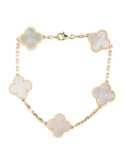 Pre-owned Van Cleef & Arpels Mother Of Pearl Vintage Alhambra Bracelet, 5 Motifs, 7" In White