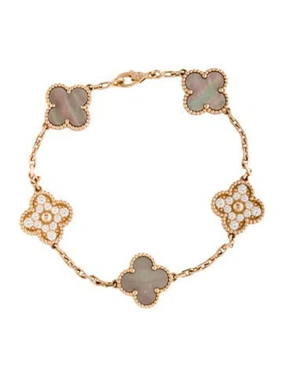 Pre-owned Van Cleef & Arpels Mother Of Pearl Vintage Alhambra Bracelet, 5 Motifs, 7.25" In Brown