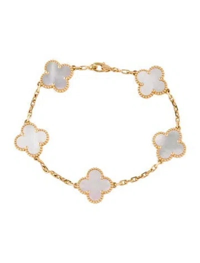Pre-owned Van Cleef & Arpels Mother Of Pearl Vintage Alhambra Bracelet, 5 Motifs, 7.25" In Multi