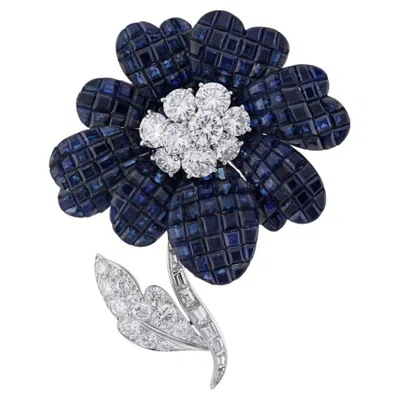 Pre-owned Van Cleef & Arpels Mystery-set Sapphire Diamond Flower Brooch In Blue