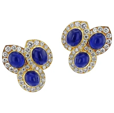 Pre-owned Van Cleef & Arpels Natural Sapphire Cabochon And Diamond Earrings, 18k In Blue