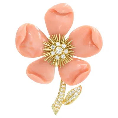 Pre-owned Van Cleef & Arpels Paris "clematis" Coral Diamond Gold Brooch In Red