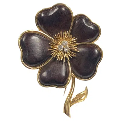 Pre-owned Van Cleef & Arpels Paris Large Yellow Gold Wood And Diamond Flower Brooch