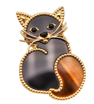 Pre-owned Van Cleef & Arpels Paris Stylized Cat Brooch In 18kt Gold With Precious Carvings In Multi