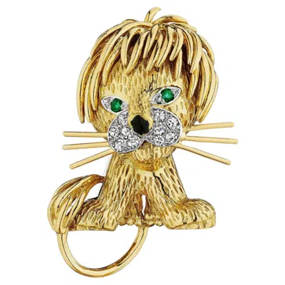 Pre-owned Van Cleef & Arpels Paris Vintage Diamond Emerald Gold Platinum Lion Cub Brooch In Green