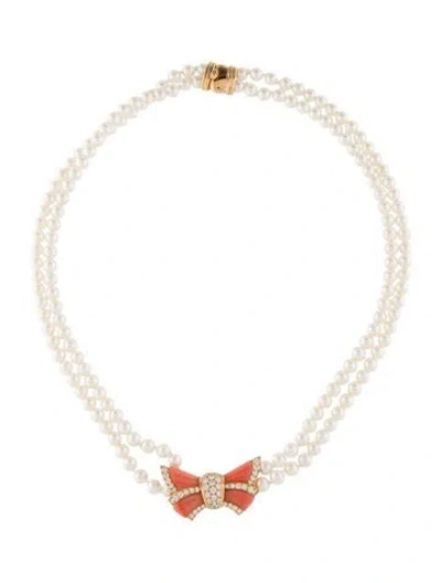 Pre-owned Van Cleef & Arpels Pearl, Coral & Diamond Necklace, 17.25" In Orange