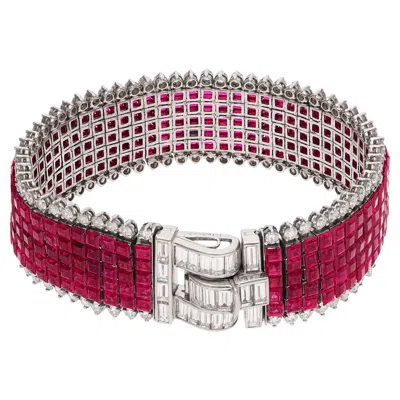 Pre-owned Van Cleef & Arpels Platinum Mystery Set 5-row Ruby And 2-row Diamond Bracelet In Multi
