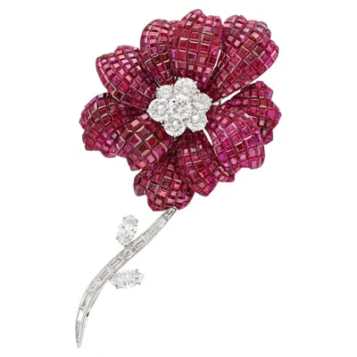Pre-owned Van Cleef & Arpels Platinum, Mystery-set Ruby And Diamond Flower Brooch In Multi