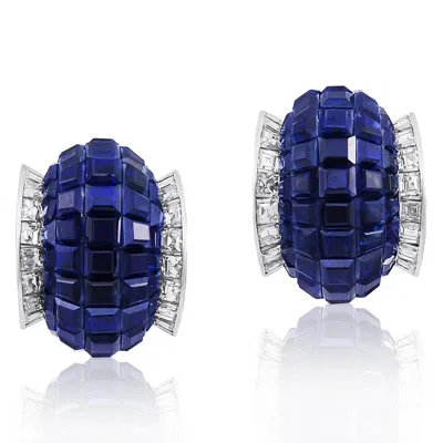 Pre-owned Van Cleef & Arpels Platinum Mystery-set Sapphire And Diamond Ear Clips In Blue
