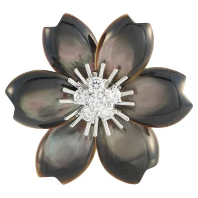 Pre-owned Van Cleef & Arpels Rose De Nol 18k White Gold 0.48ct Diamond, Pearl Brooch