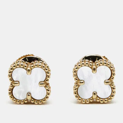 Pre-owned Van Cleef & Arpels Sweet Alhambra Mother Of Pearl 18k Yellow Gold Stud Earrings
