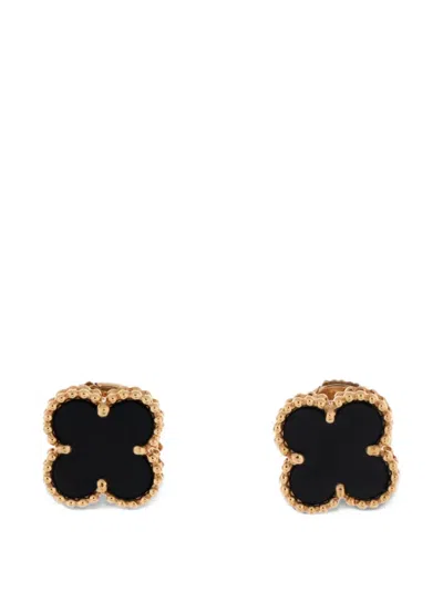 Pre-owned Van Cleef & Arpels Sweet Alhambra Stud 18k Yellow Gold And Onyx Earrings In Black