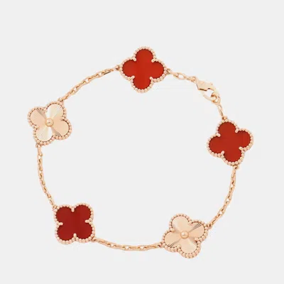 Pre-owned Van Cleef & Arpels Van Cleels & Arpels Vintage Alhambra Guilloche Carnelian18k Pink Gold Bracelet