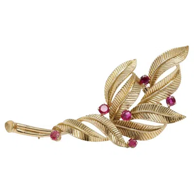 Pre-owned Van Cleef & Arpels (vca) France Ruby And 18k Yellow Gold Feather Brooch