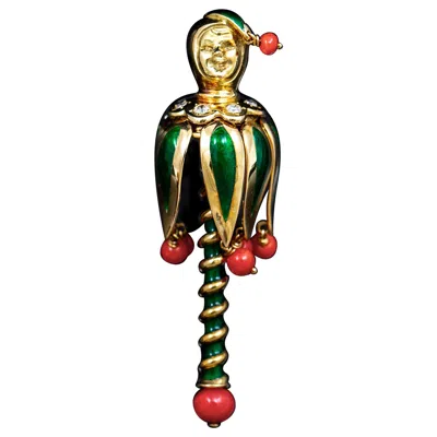 Pre-owned Van Cleef & Arpels Vca Jester Diamond Coral Enamel Clip Brooch Yellow Gold Cased