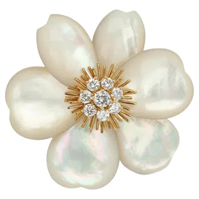 Pre-owned Van Cleef & Arpels Vinage Brooch Rose De No�l Mother Of Pearl & Diamond Pin 18k In Red
