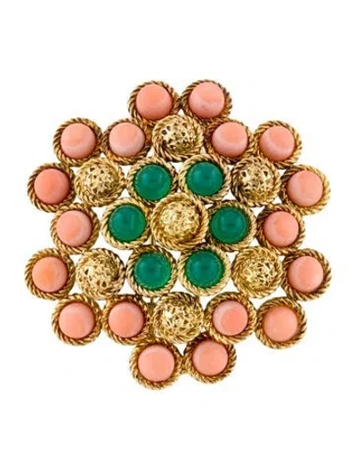 Pre-owned Van Cleef & Arpels Vintage 18k Coral & Dyed Chalcedony Brooch In Multi