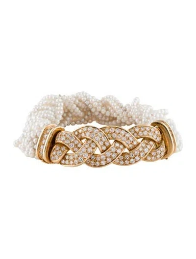 Pre-owned Van Cleef & Arpels Vintage 18k Pearl & Diamond Bead Bracelet, 7.5" In Multi