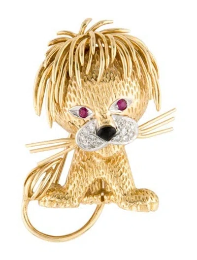 Pre-owned Van Cleef & Arpels Vintage 18k Ruby & Diamond Lion Ébouriffé Brooch In Multi