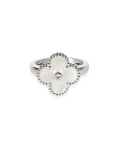 Pre-owned Van Cleef & Arpels Vintage Alhambra 18k 0.05 Ct. Tw. Diamond & Mother Of Pearl Ring (authentic Pre-l In White/gold