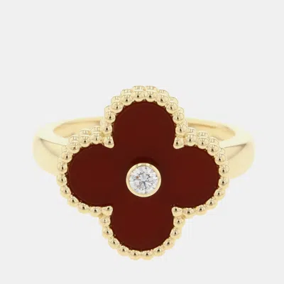Pre-owned Van Cleef & Arpels Vintage Alhambra 18k Yellow Gold Carnelian Diamond Ring Eu 49