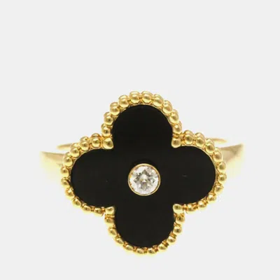 Pre-owned Van Cleef & Arpels Vintage Alhambra 18k Yellow Gold Diamond Mother Of Pearl Ring Eu 50