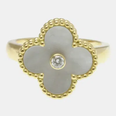 Pre-owned Van Cleef & Arpels Vintage Alhambra 18k Yellow Gold Diamond Mother Of Pearl Ring Eu 51
