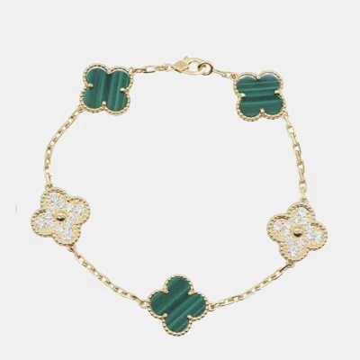 Pre-owned Van Cleef & Arpels Vintage Alhambra 18k Yellow Gold Malachite And Diamonds Bracelet