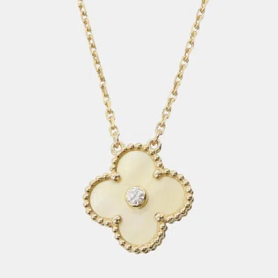 Pre-owned Van Cleef & Arpels Vintage Alhambra 18k Yellow Gold Mother Of Pearl Diamond Necklace