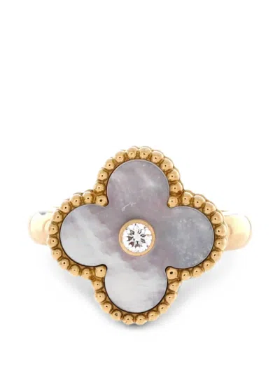 Pre-owned Van Cleef & Arpels Vintage Alhambra 18k Yellow Gold With Mother Of Pearl And Diamond Ring
