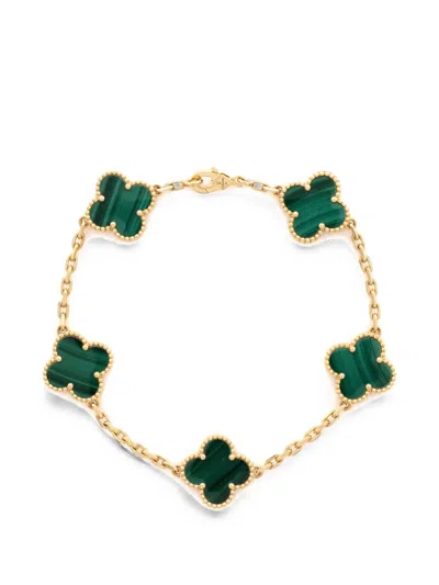Pre-owned Van Cleef & Arpels Vintage Alhambra 5 Motifs 18k Yellow Gold And Malachite Bracelet
