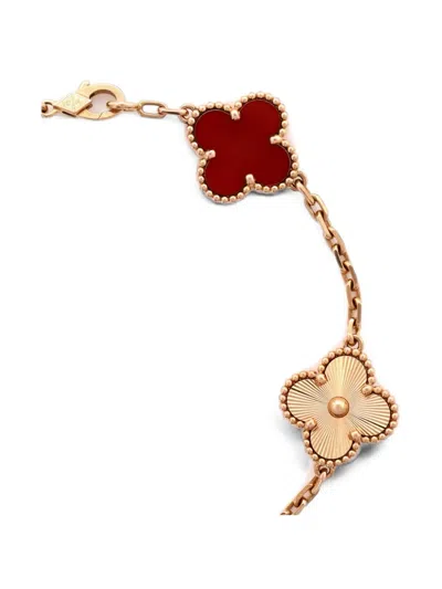 Pre-owned Van Cleef & Arpels Vintage Alhambra 5 Motifs Guilloche 18k Rose Gold And Carnelian Bracelet In Pink
