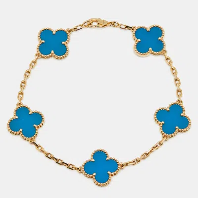 Pre-owned Van Cleef & Arpels Vintage Alhambra Agate 18k Yellow Gold 5 Motif Station Bracelet